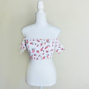 Xhilaration White Floral Smocked Ruched Off Shoulder Lace Up Corset Bikini Top